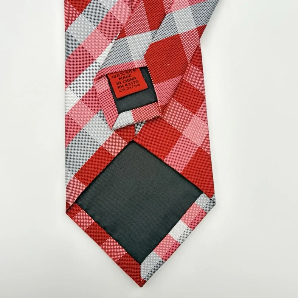 Aflani Spectrum Red & Gray Plaid Pattern Silk Necktie NEW - Picture 7 of 9